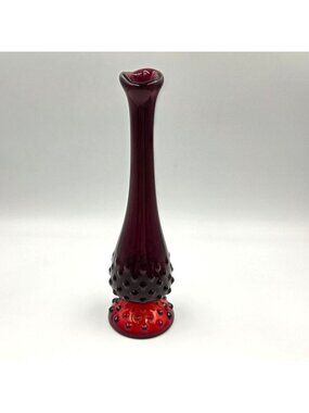 Vintage Fenton Ruby Red Hobnail Swung Glass Bud Vase MCM 8.5" H